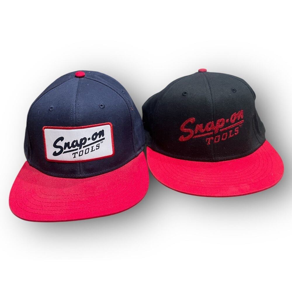 2 Snap-On Tools Hat Cap SnapBack Black Blue Adjustable Flat Bill One Size